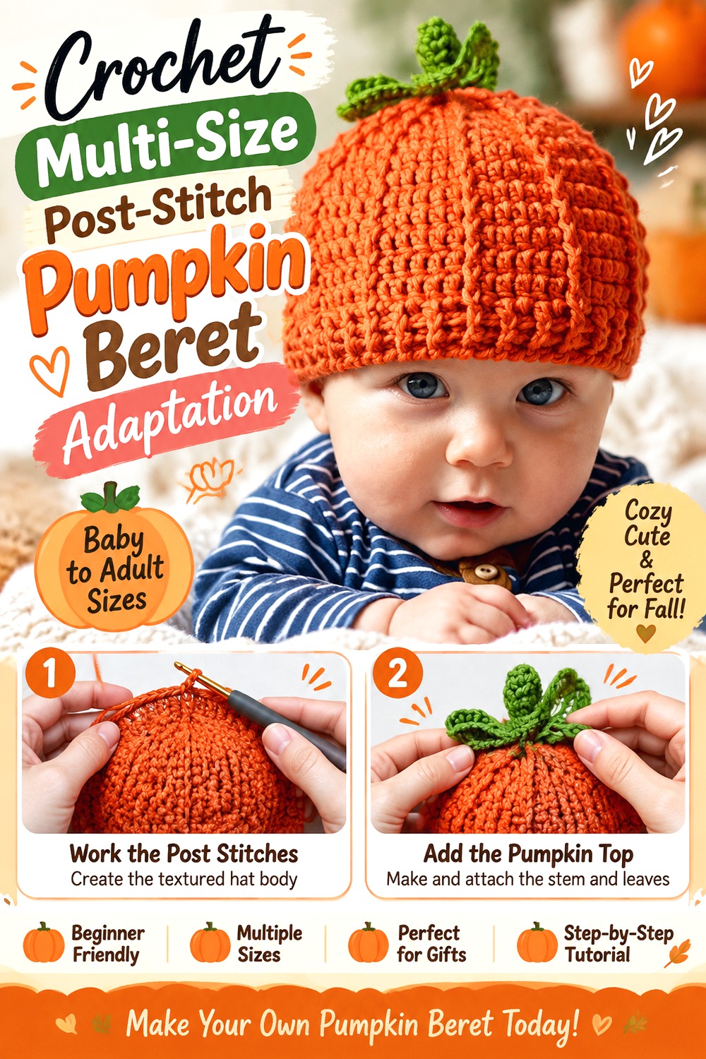Crochet Multi Size Post Stitch Pumpkin Beret Adaptation