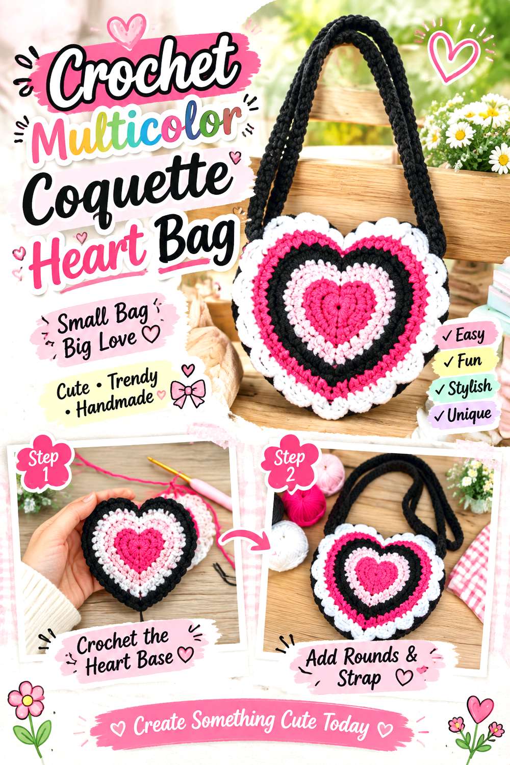 Crochet Multicolor Coquette Heart Bag