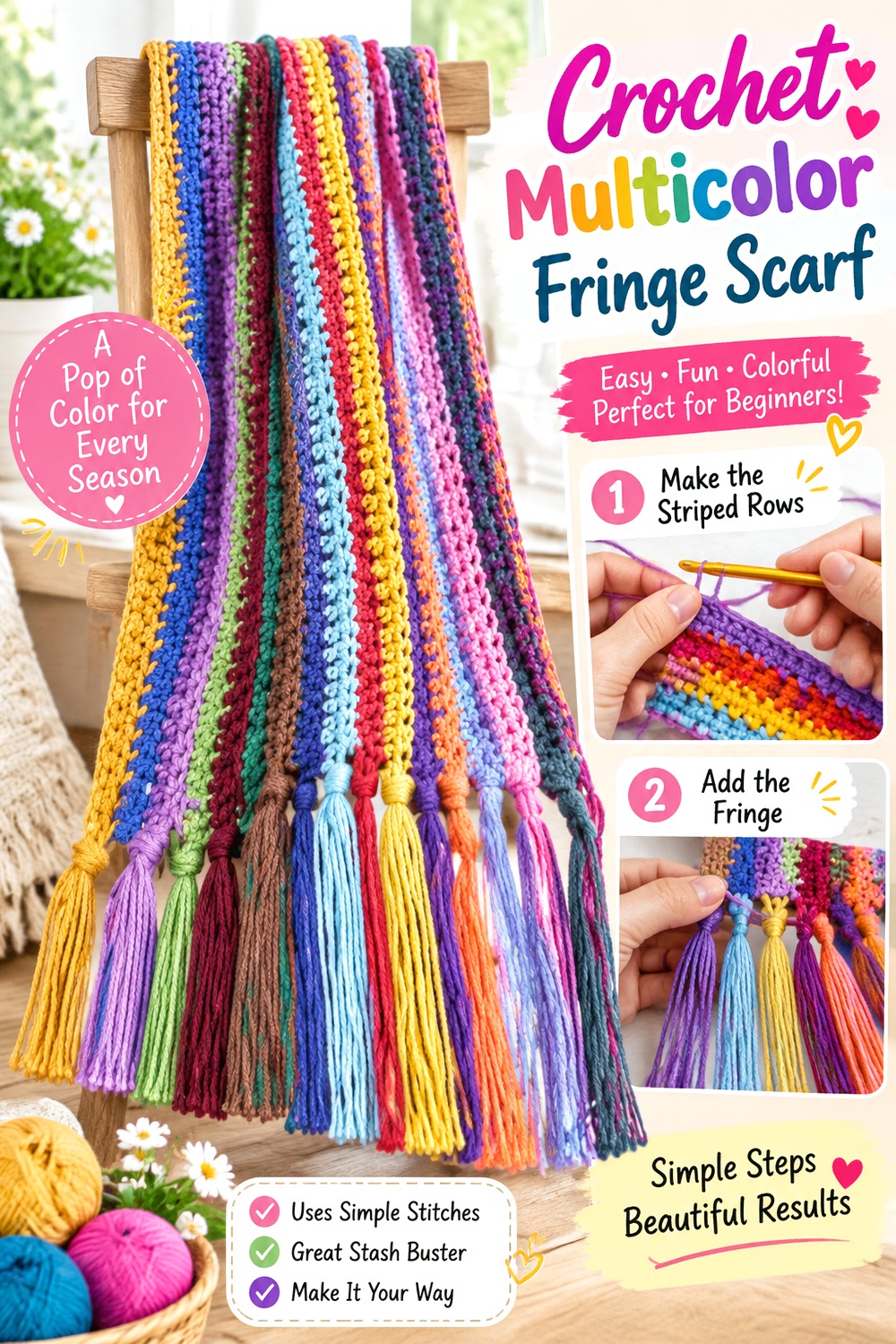 Crochet Multicolor Fringe Scarf
