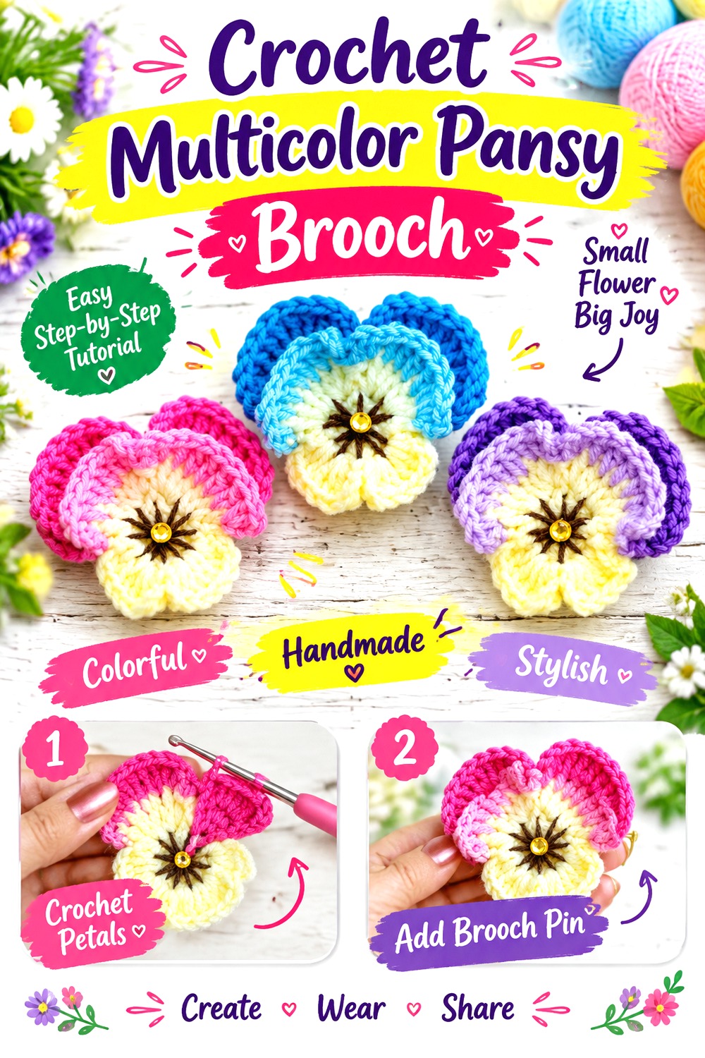 Crochet Multicolor Pansy Brooch