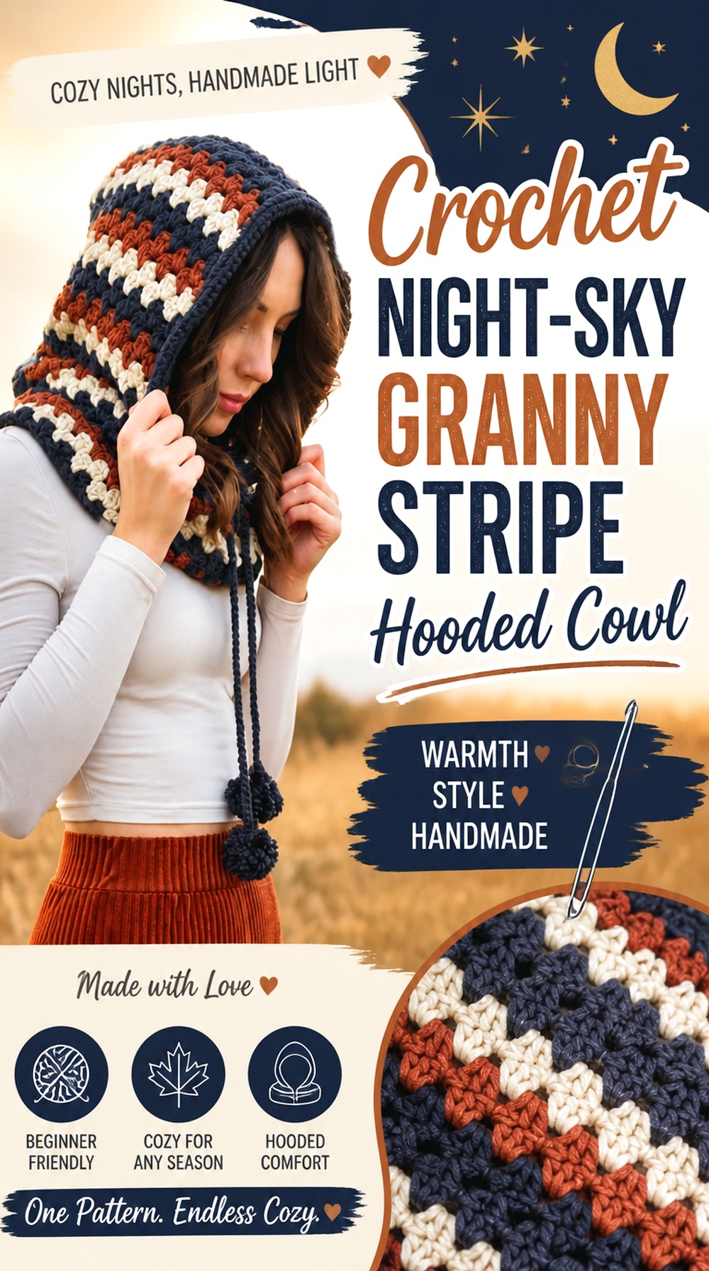 Crochet Night Sky Granny Stripe Hooded Cowl