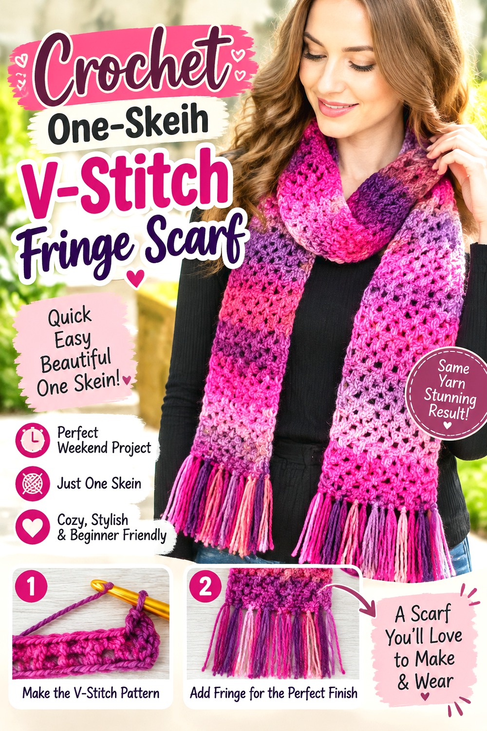 Crochet One Skein V Stitch Fringe Scarf