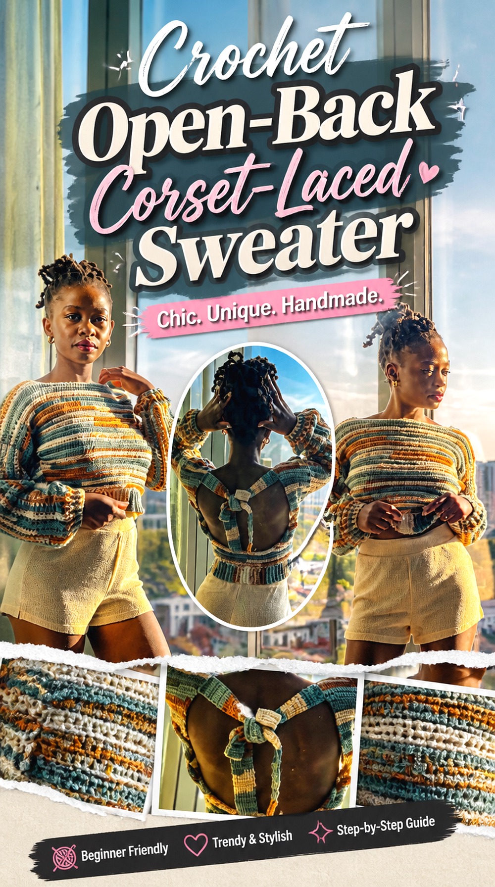 Crochet Open Back Corset Laced Sweater