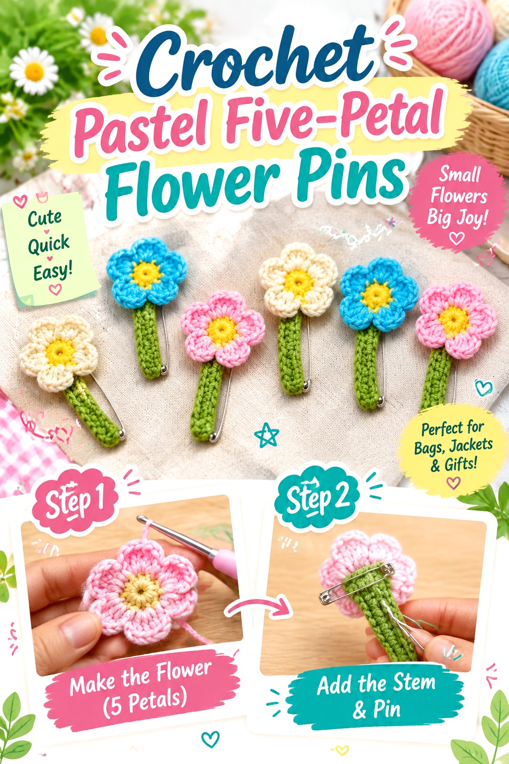 Crochet Pastel Five Petal Flower Pins