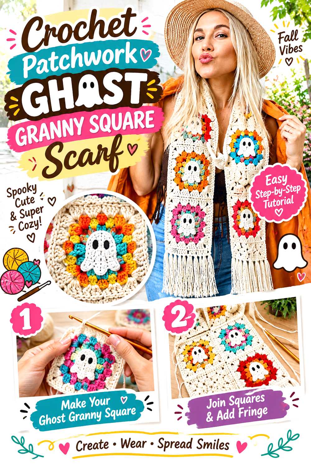 Crochet Patchwork Ghost Granny Square Scarf