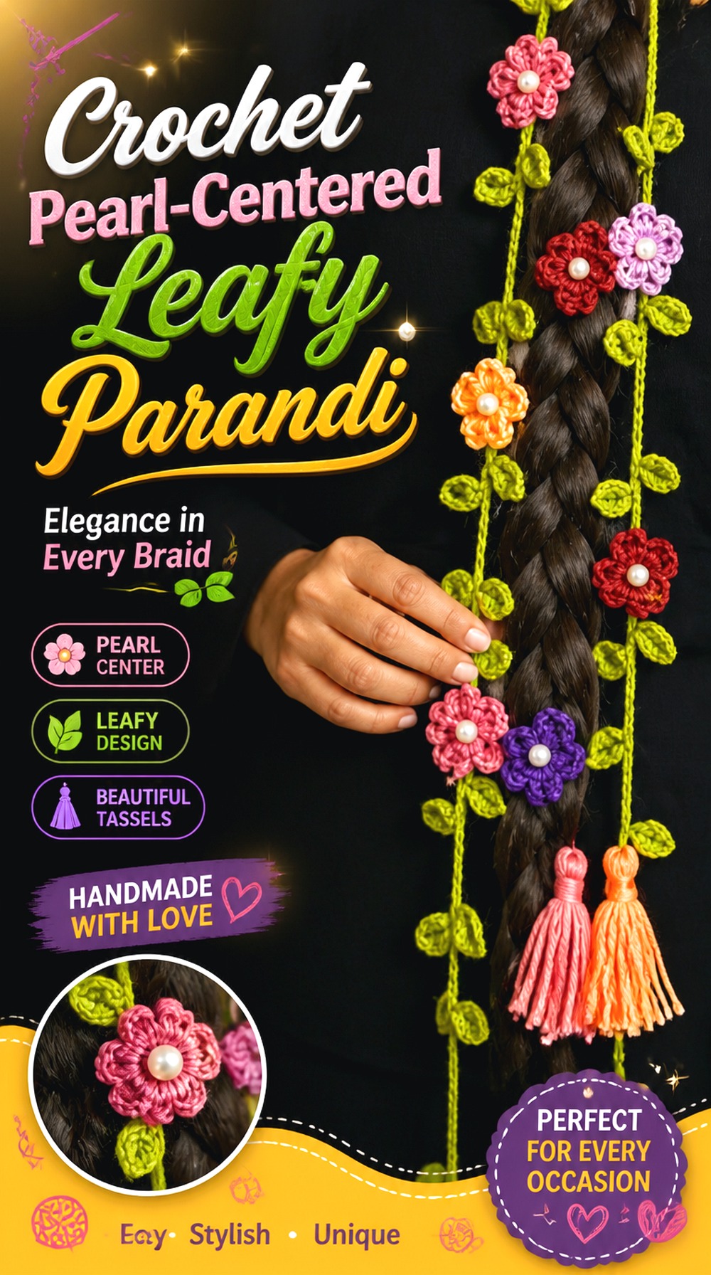 Crochet Pearl Centered Leafy Parandi