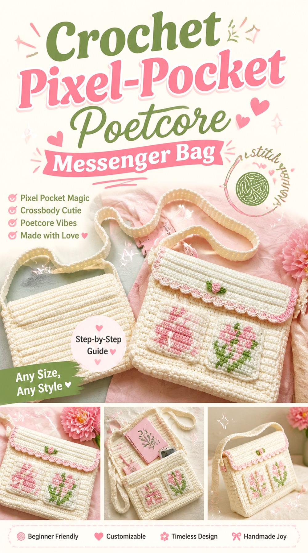 Crochet Pixel Pocket Poetcore Messenger Bag