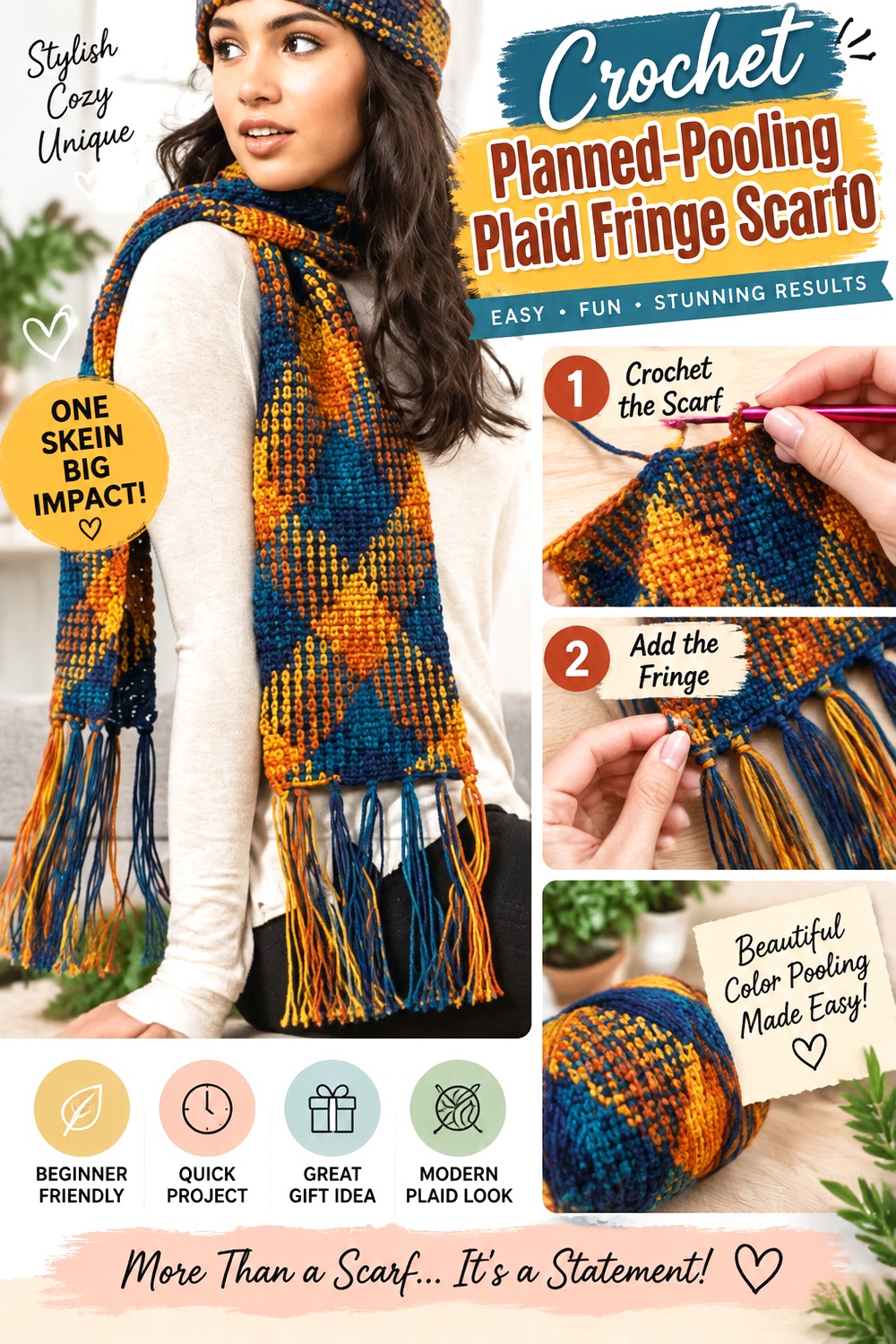 Crochet Planned Pooling Plaid Fringe Scarf
