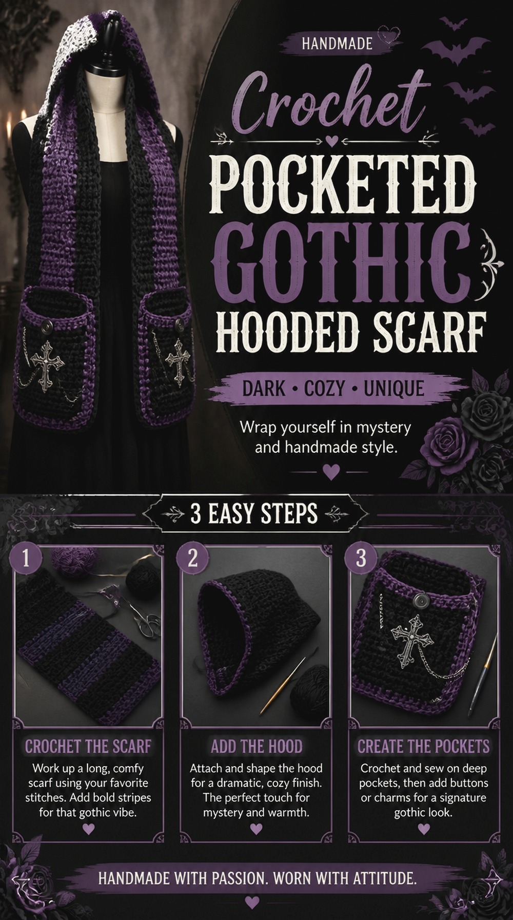 Crochet Pocketed Gothic Hooded Scarf