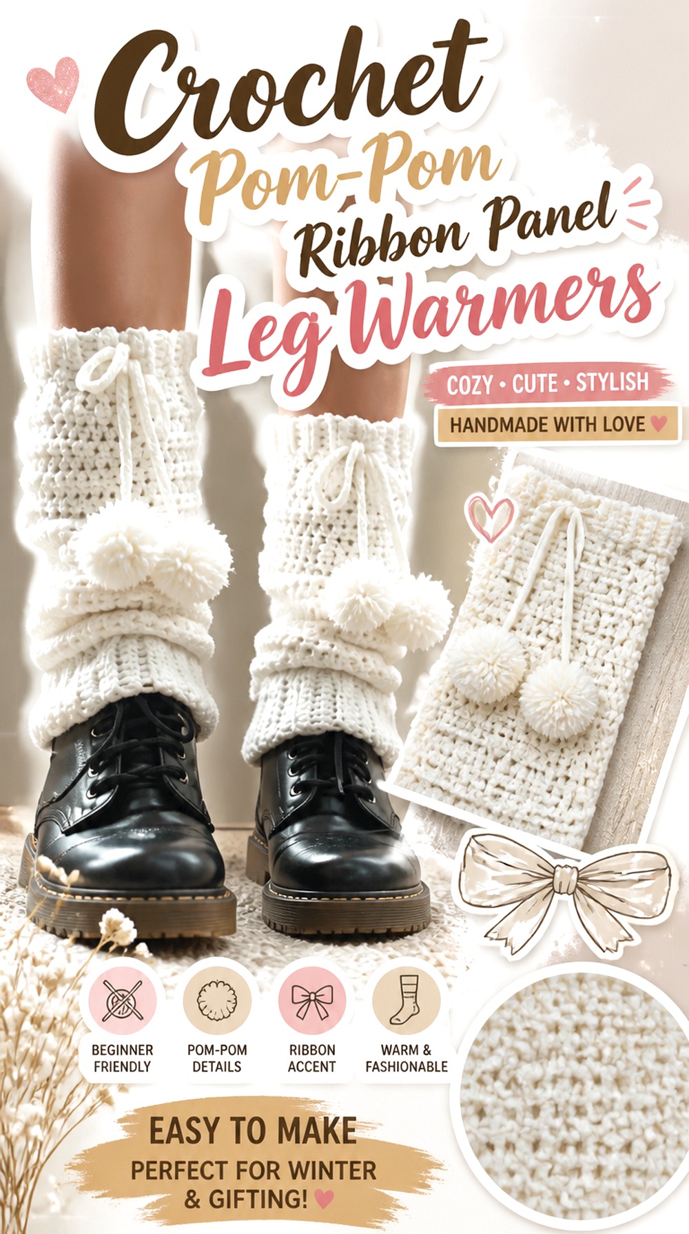 Crochet Pom Pom Ribbon Panel Leg Warmers