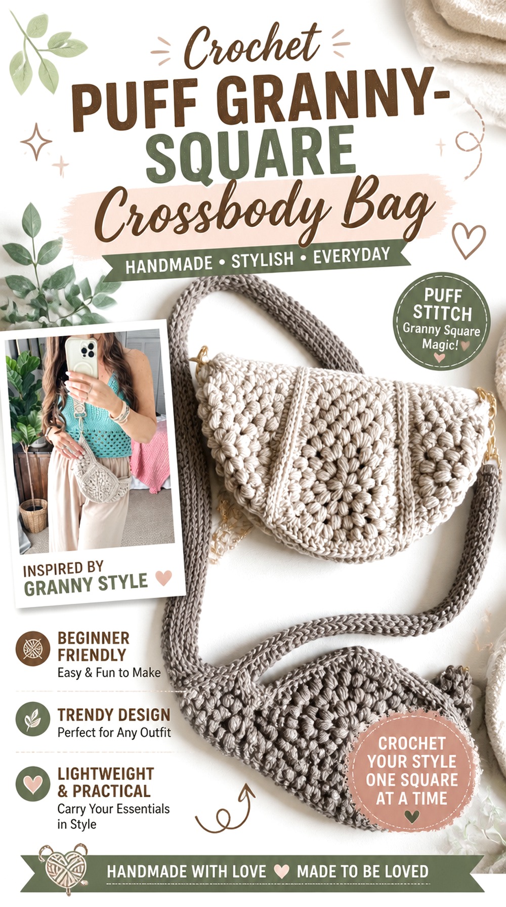 Crochet Puff Granny Square Crossbody Bag