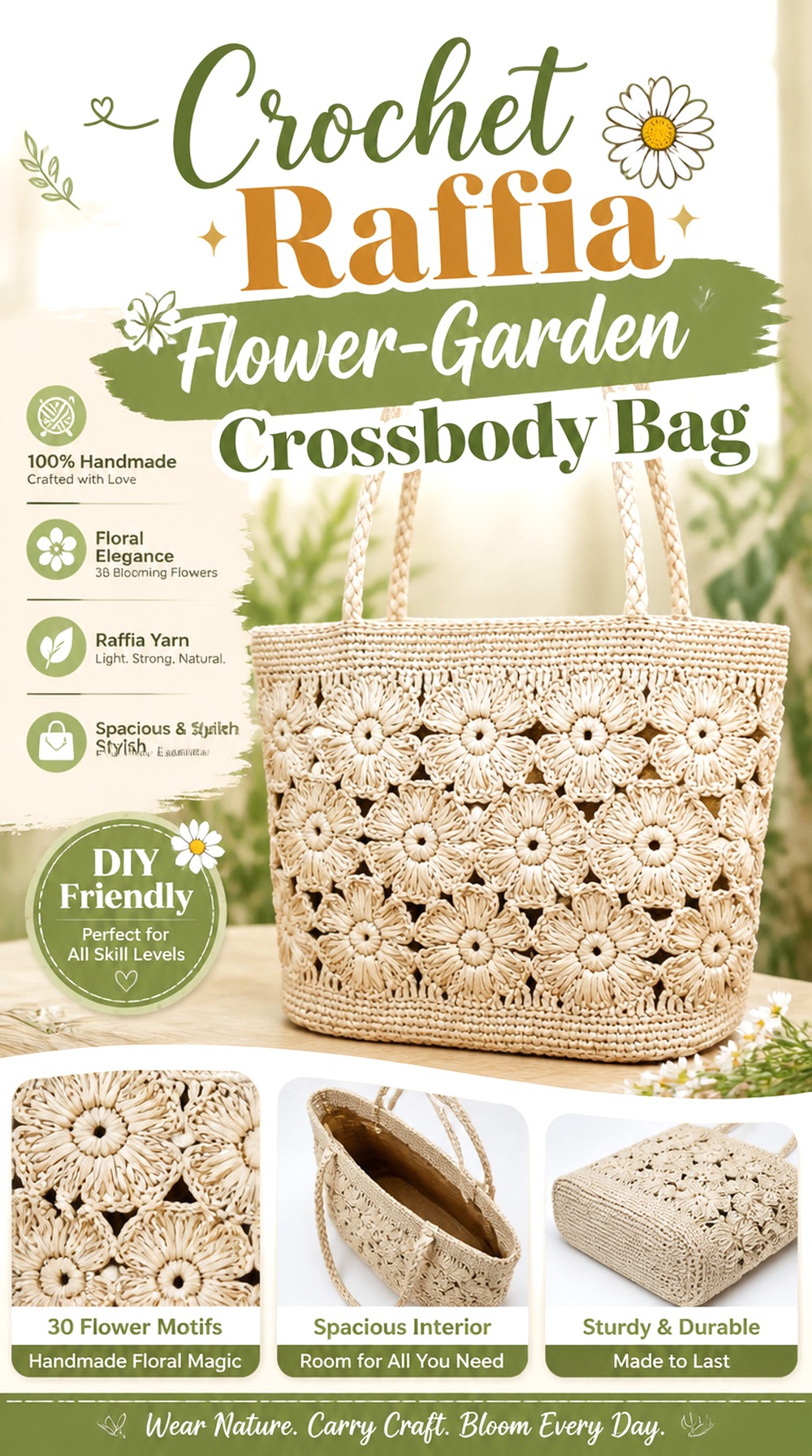 Crochet Raffia Flower Garden Crossbody Bag