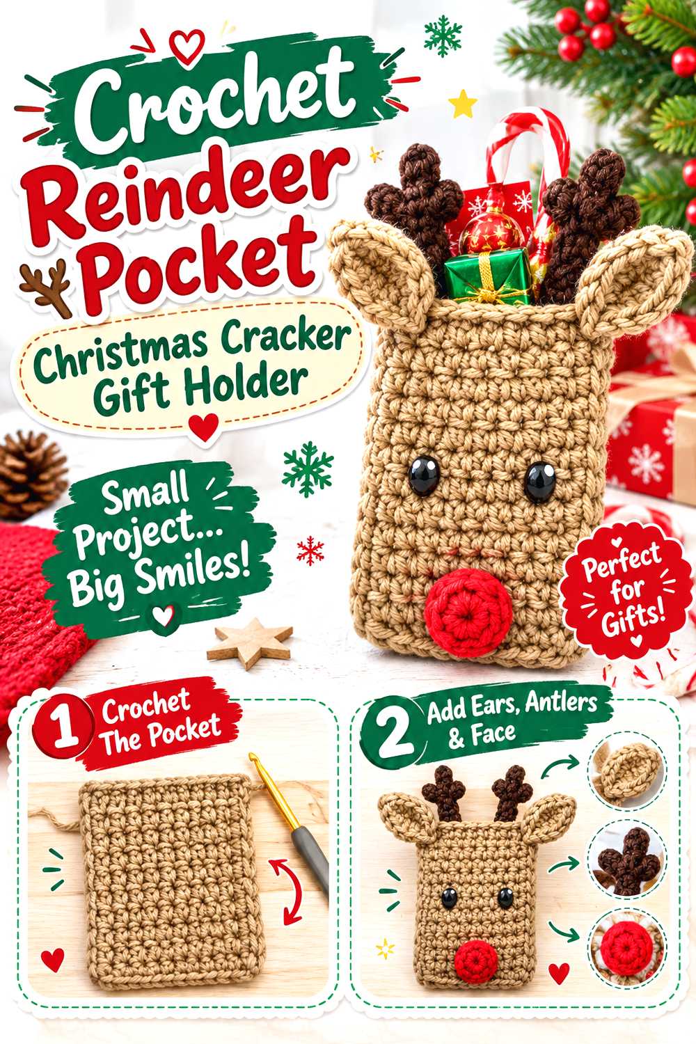 Crochet Reindeer Pocket Christmas Cracker Gift Holder