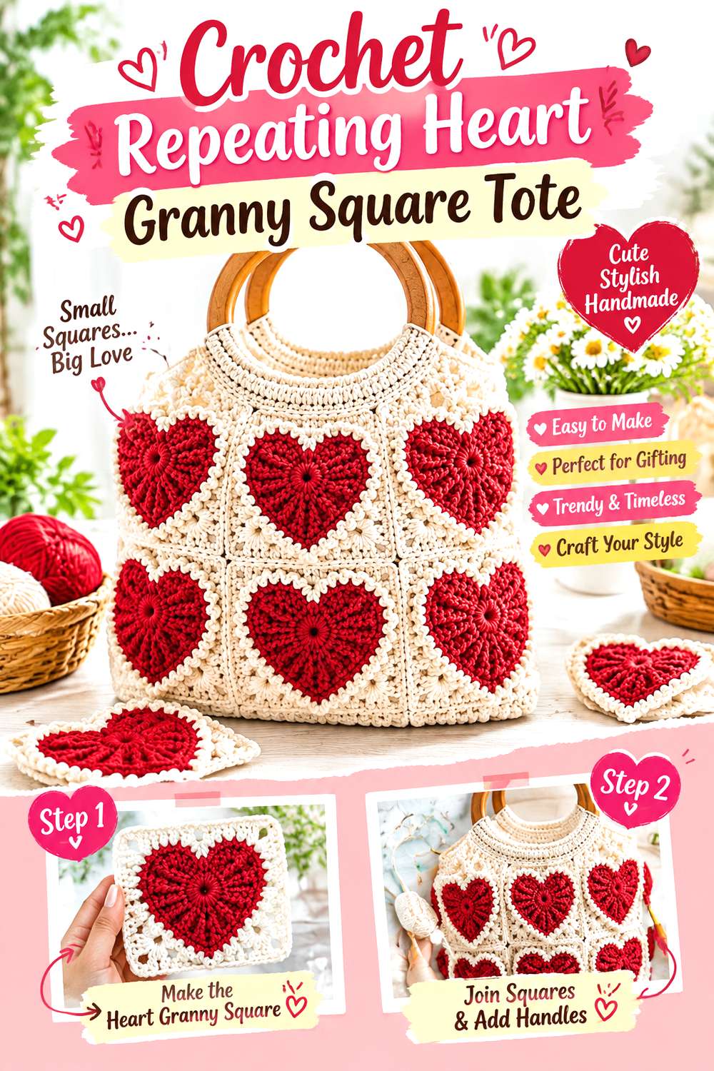 Crochet Repeating Heart Granny Square Tote