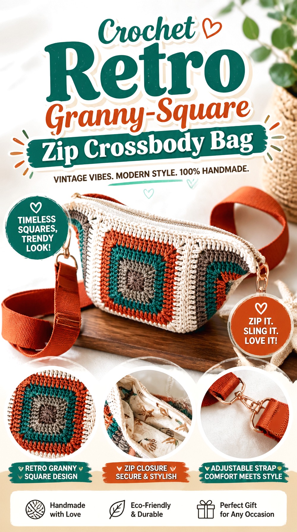 Crochet Retro Granny Square Zip Crossbody Bag