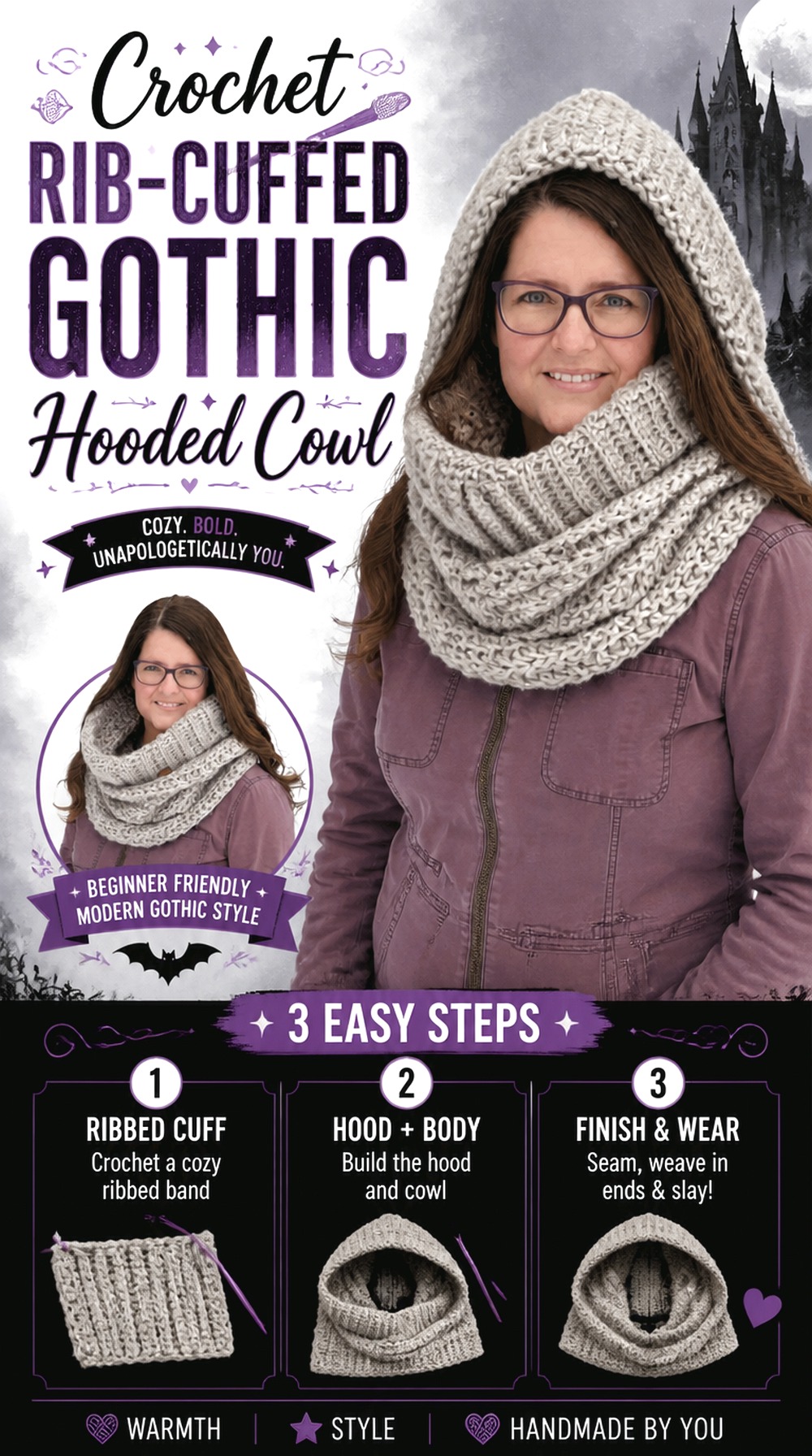 Crochet Rib Cuffed Gothic Hooded Cowl