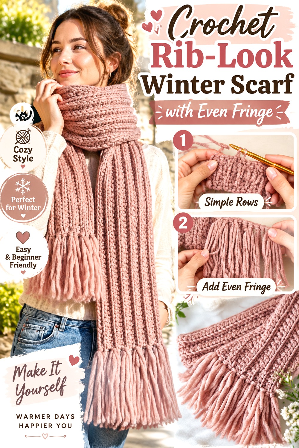 Crochet Rib Look Winter Scarf with Even Fringe