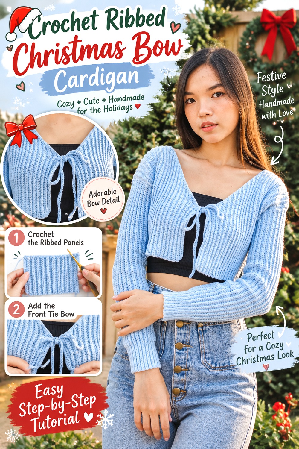Crochet Ribbed Christmas Bow Cardigan