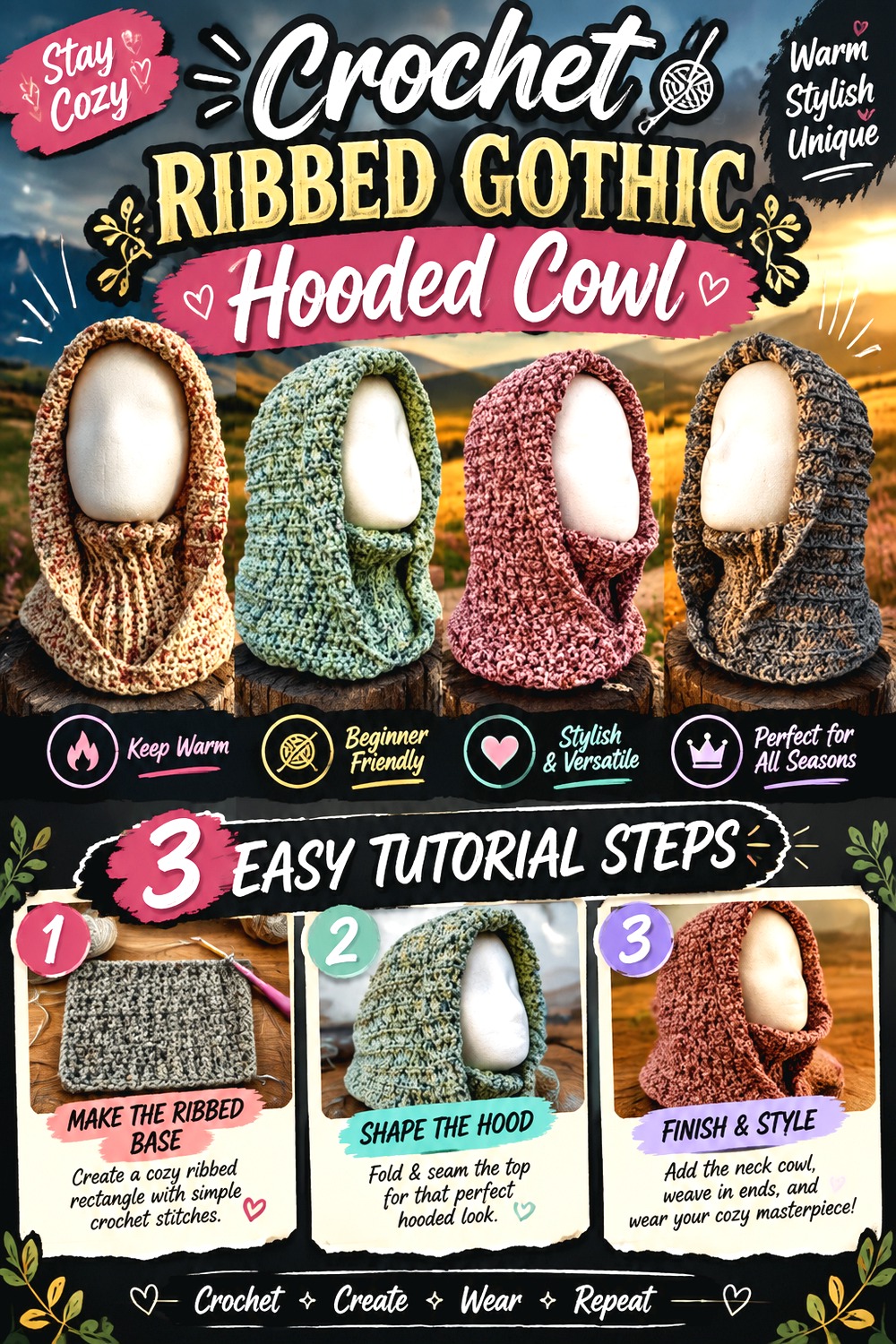 Crochet Ribbed Gothic Hooded Cowl