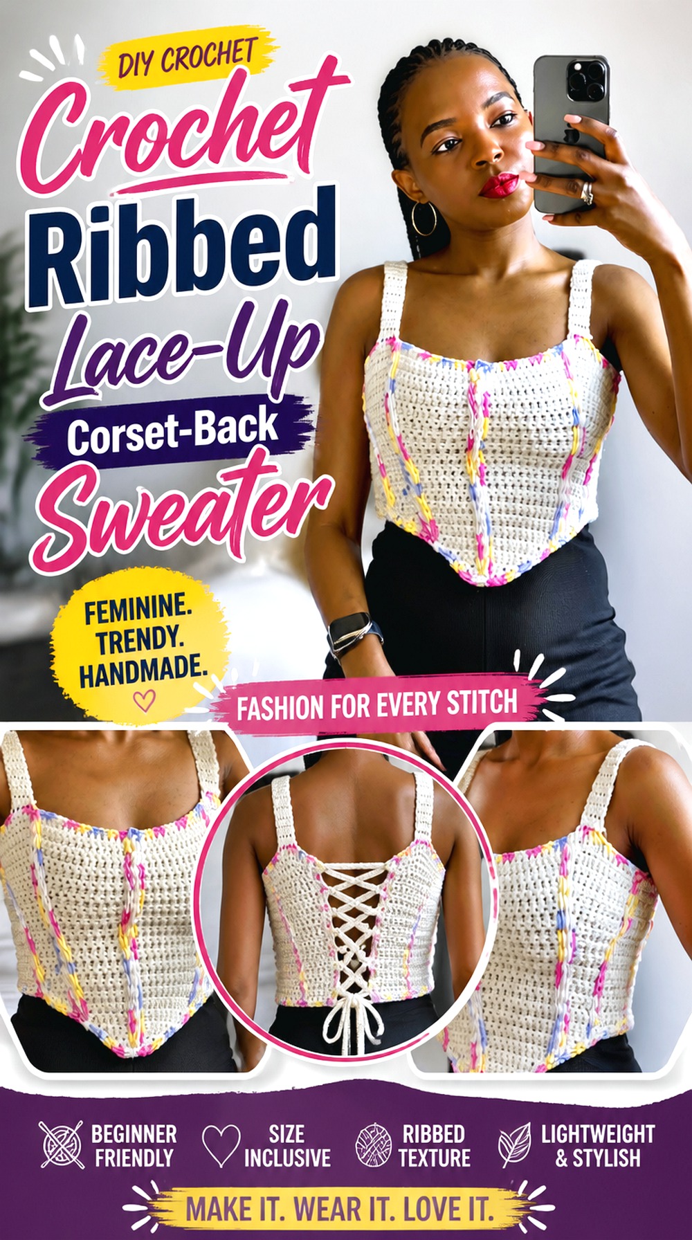 Crochet Ribbed Lace Up Corset Back Sweater