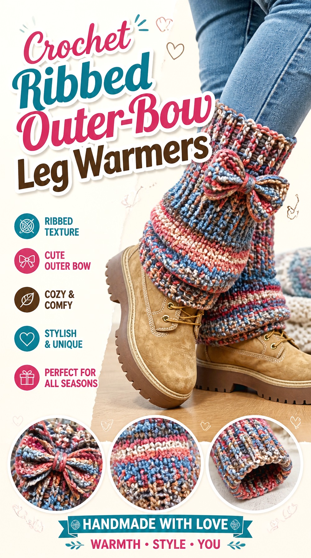 Crochet Ribbed Outer Bow Leg Warmers