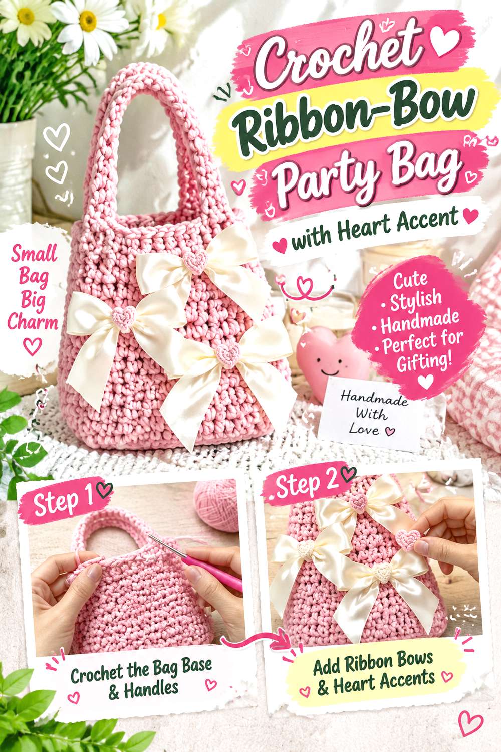 Crochet Ribbon Bow Party Bag with Heart Accent