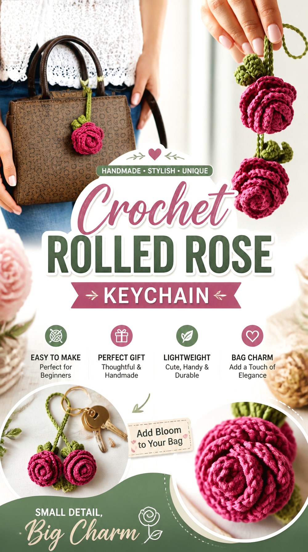 Crochet Rolled Rose Keychain