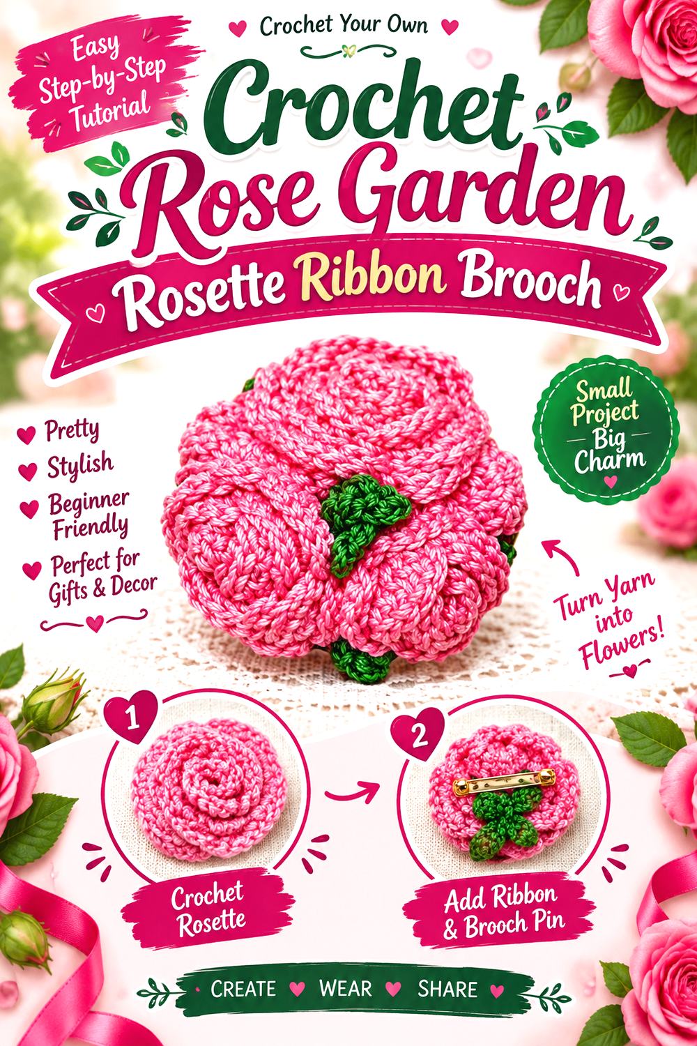 Crochet Rose Garden Rosette Ribbon Brooch