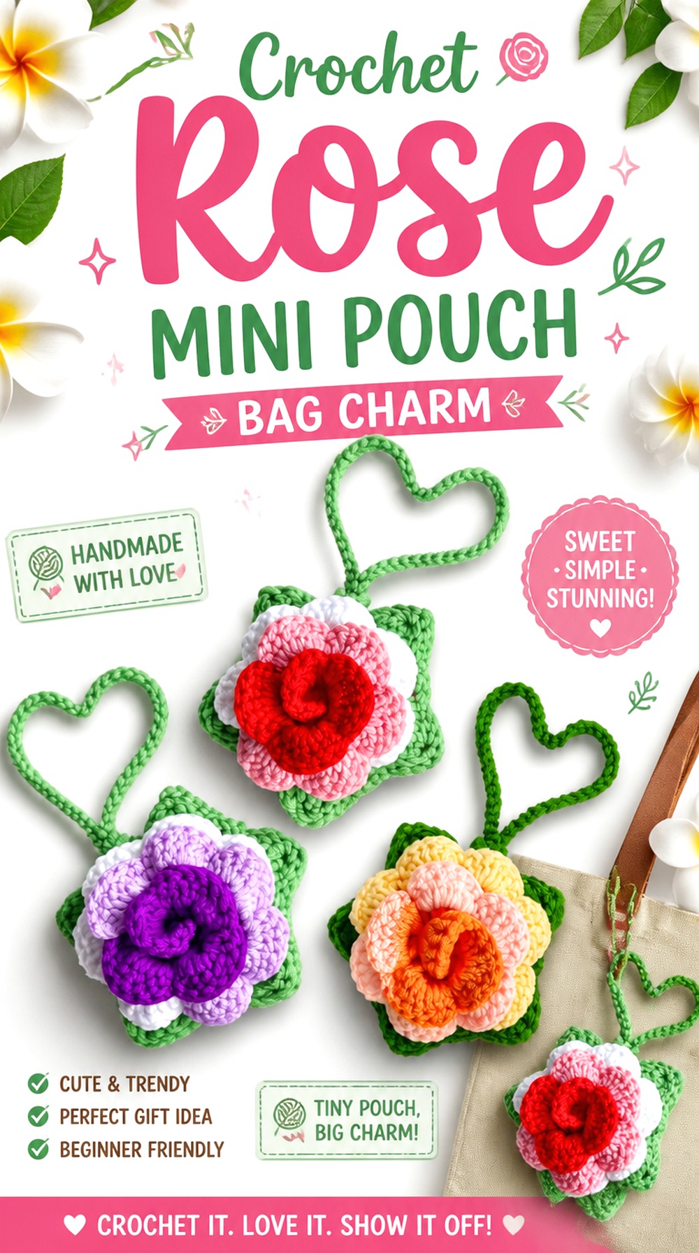 Crochet Rose Mini Pouch Bag Charm