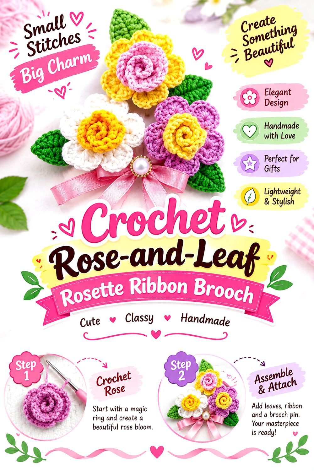 Crochet Rose and Leaf Rosette Ribbon Brooch