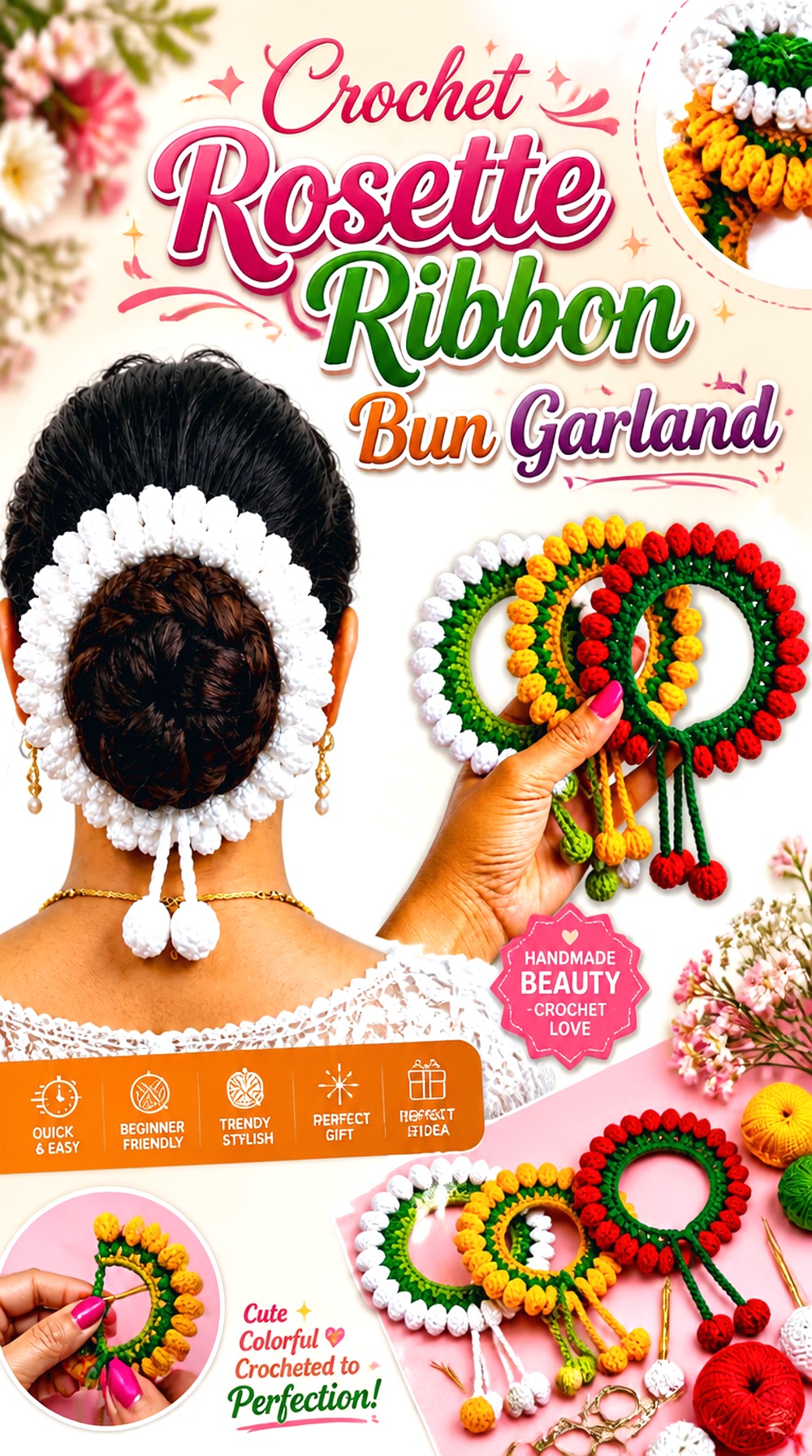 Crochet Rosette Ribbon Bun Garland
