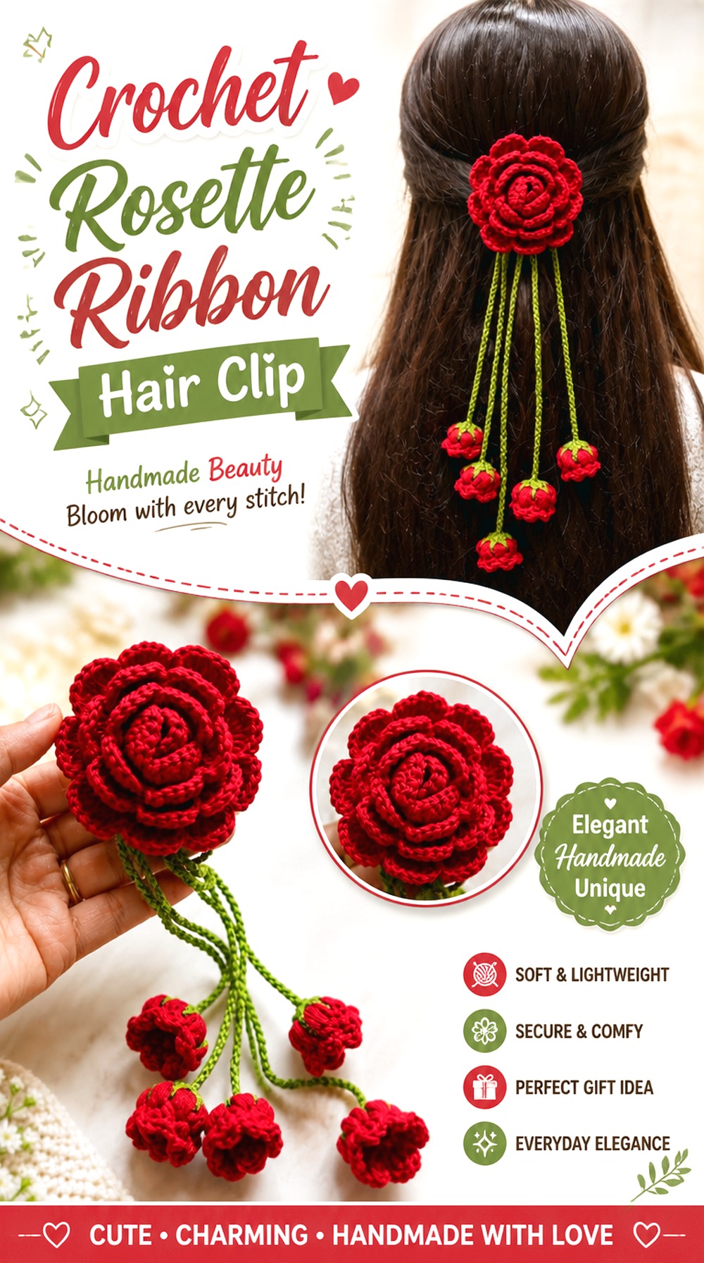 Crochet Rosette Ribbon Hair Clip