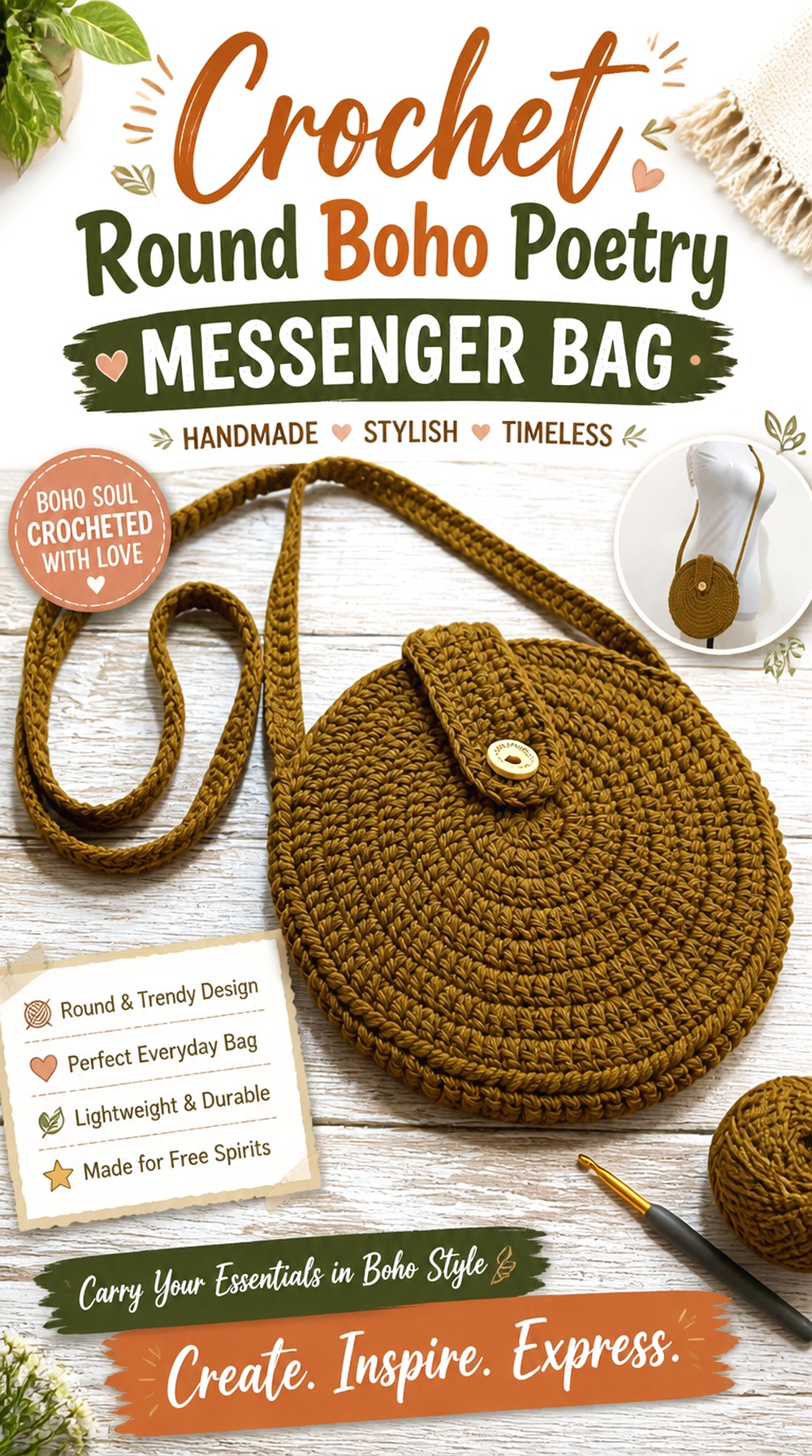 Crochet Round Boho Poetry Messenger Bag