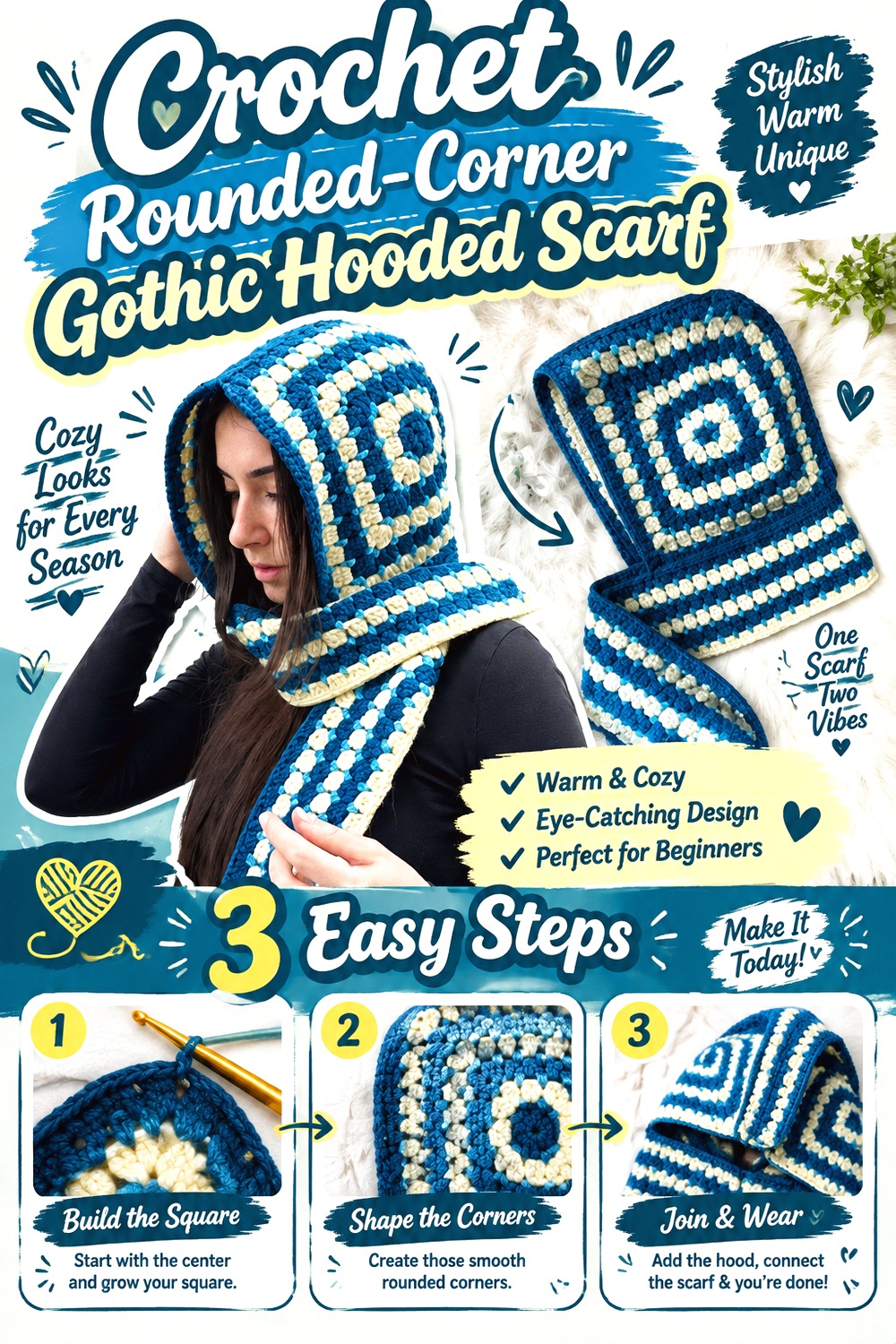 Crochet Rounded Corner Gothic Hooded Scarf