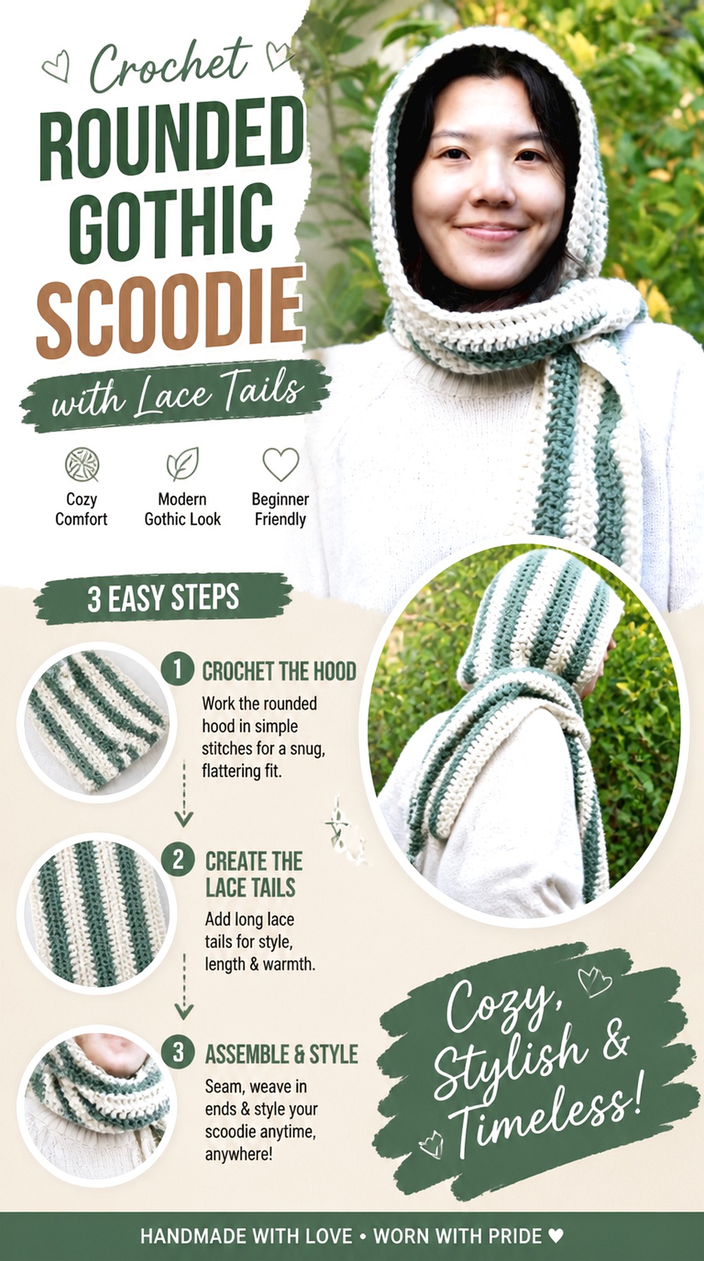 Crochet Rounded Gothic Scoodie with Lace Tails