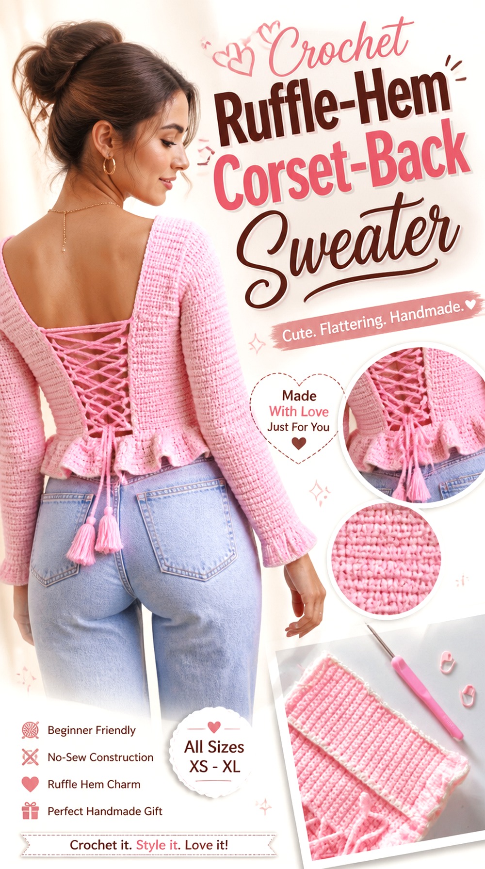 Crochet Ruffle Hem Corset Back Sweater