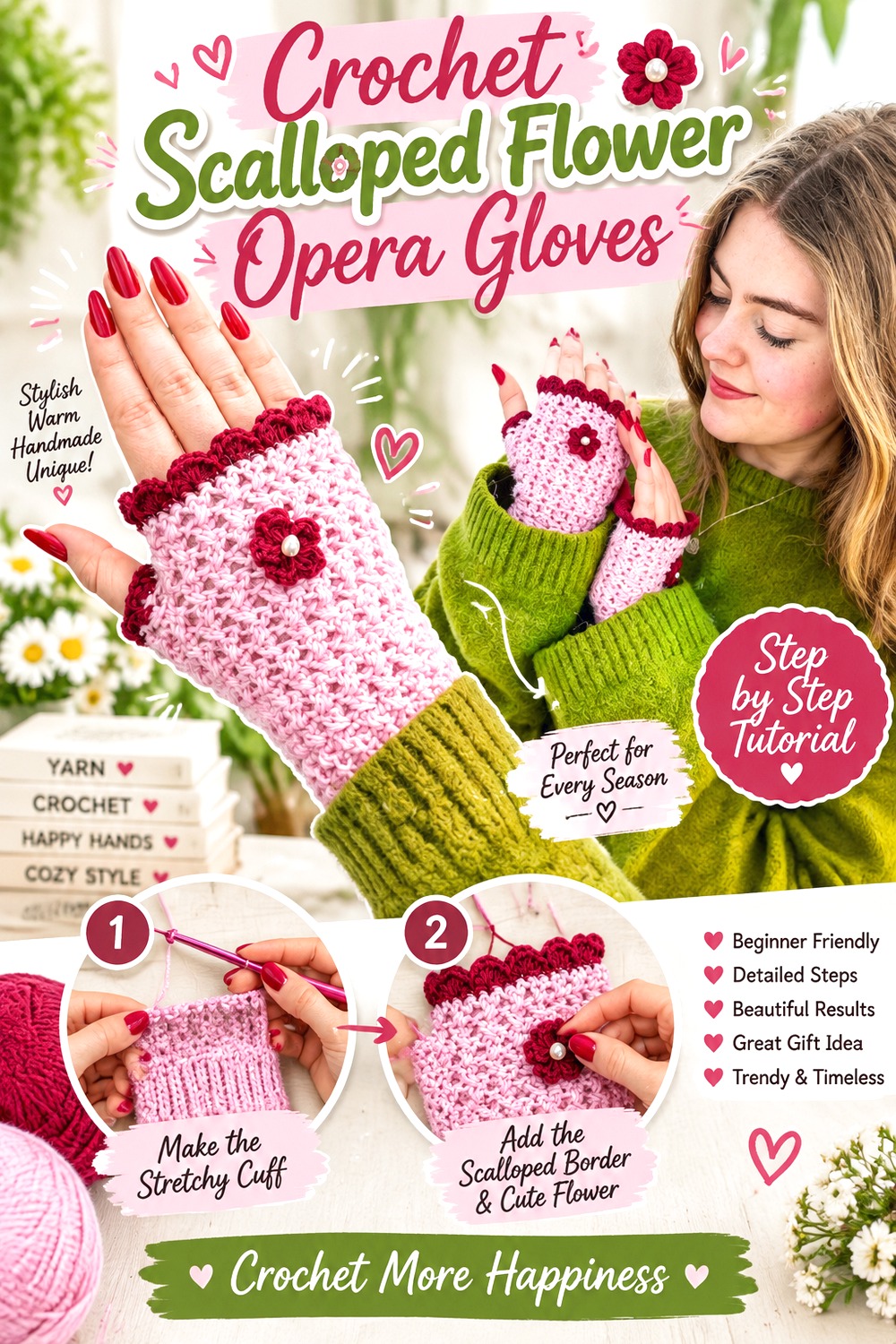 Crochet Scalloped Flower Opera Gloves