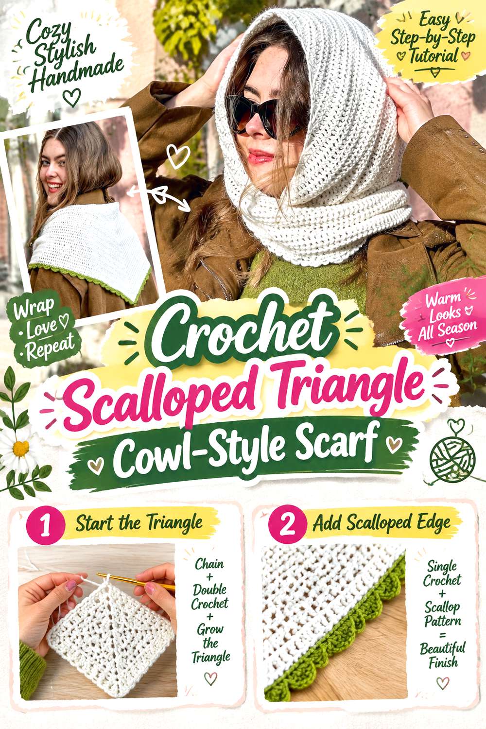 Crochet Scalloped Triangle Cowl Style Scarf