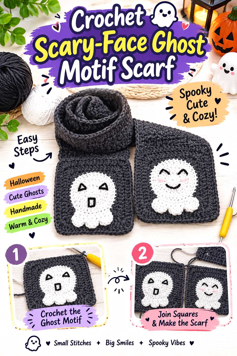 Crochet Scary Face Ghost Motif Scarf
