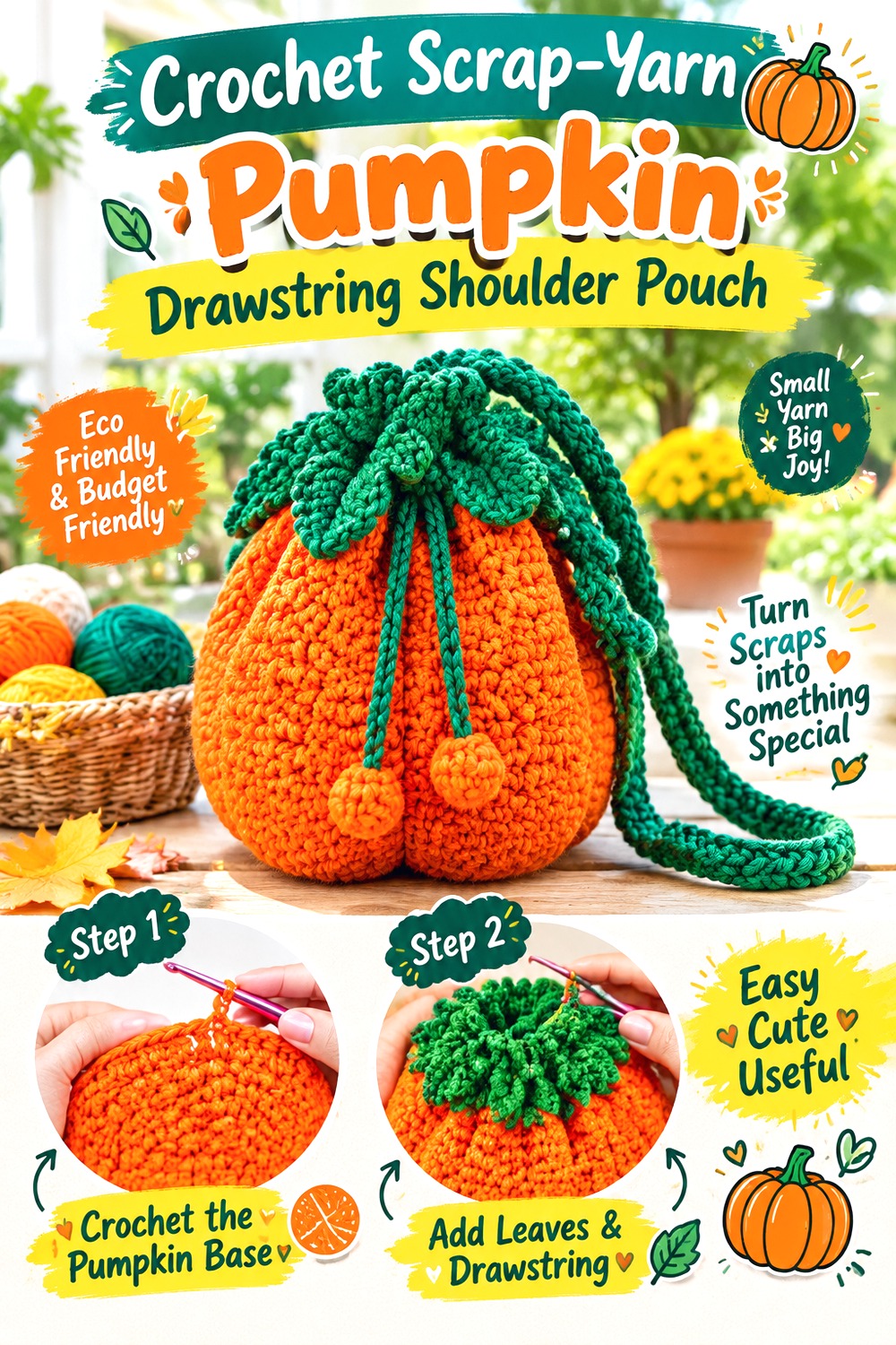 Crochet Scrap Yarn Pumpkin Drawstring Shoulder Pouch