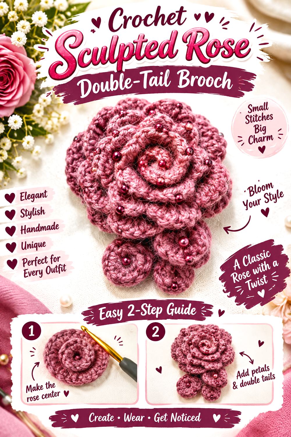 Crochet Sculpted Rose Double Tail Brooch