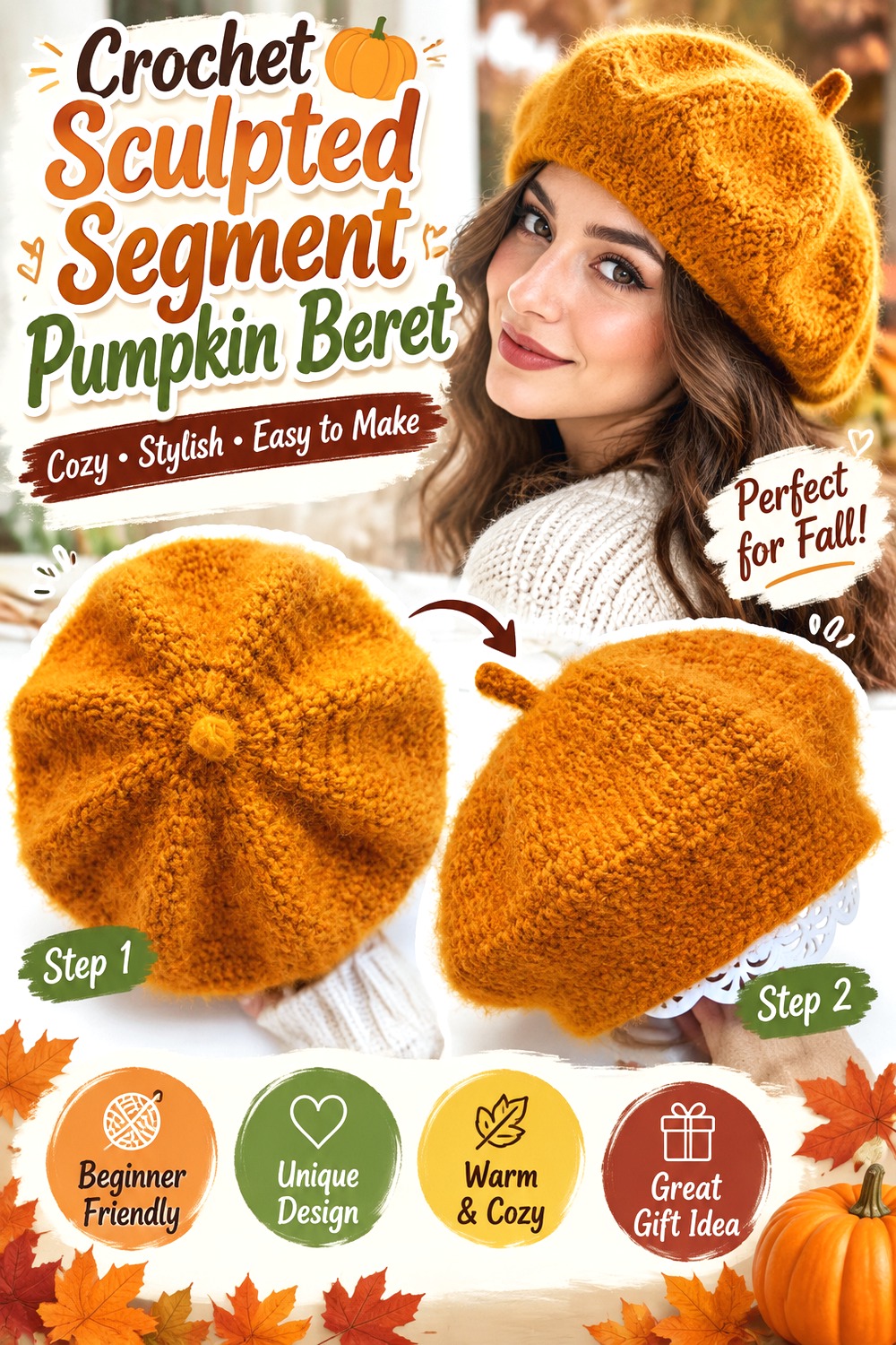 Crochet Sculpted Segment Pumpkin Beret