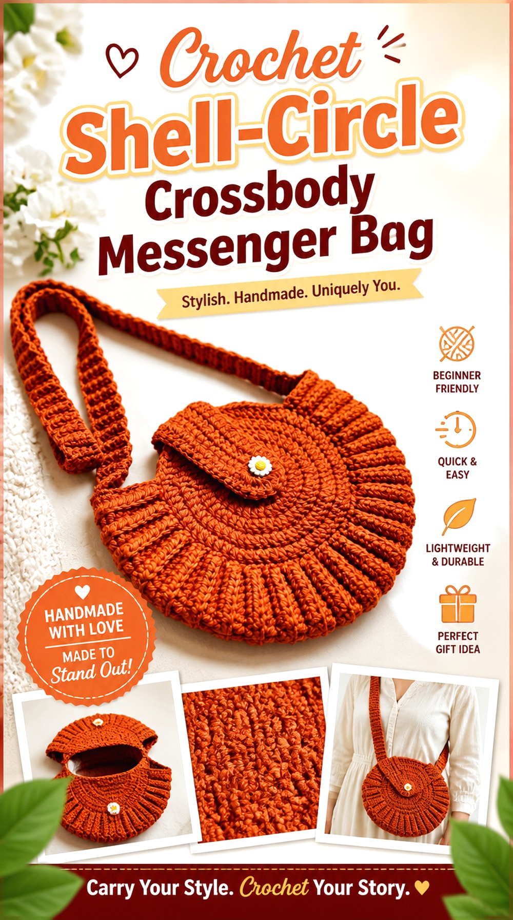Crochet Shell Circle Crossbody Messenger Bag