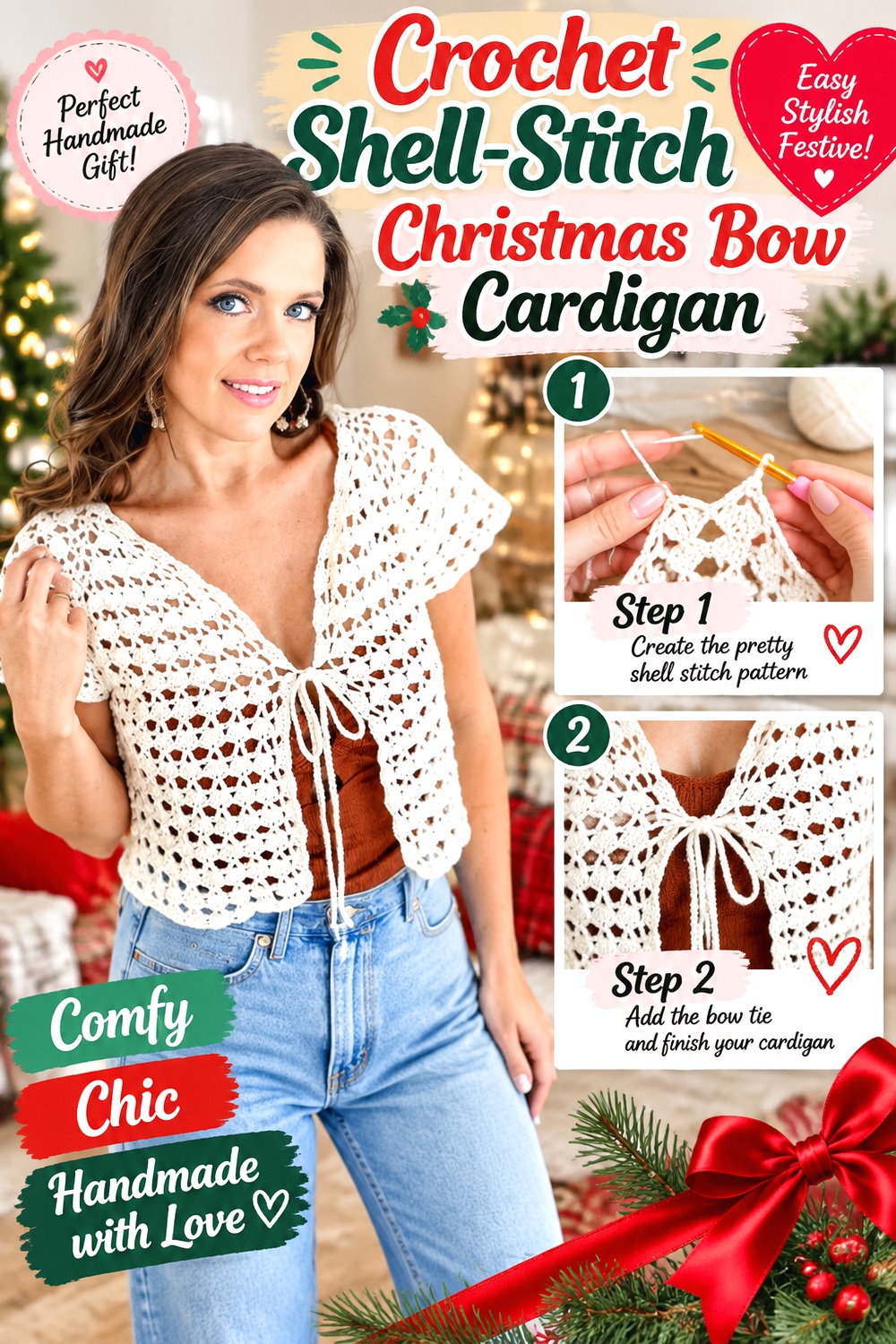 Crochet Shell Stitch Christmas Bow Cardigan