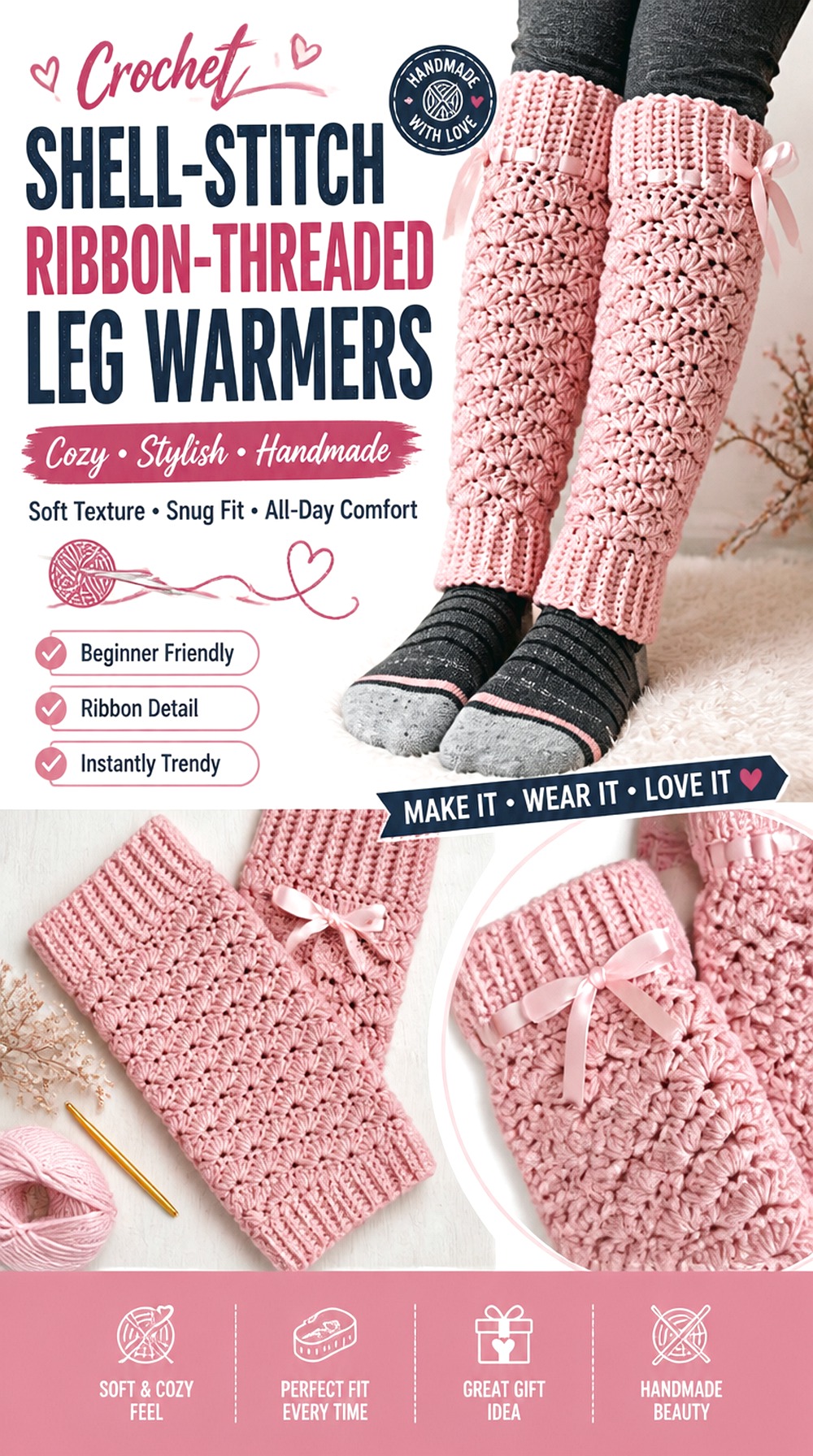 Crochet Shell Stitch Ribbon Threaded Leg Warmers