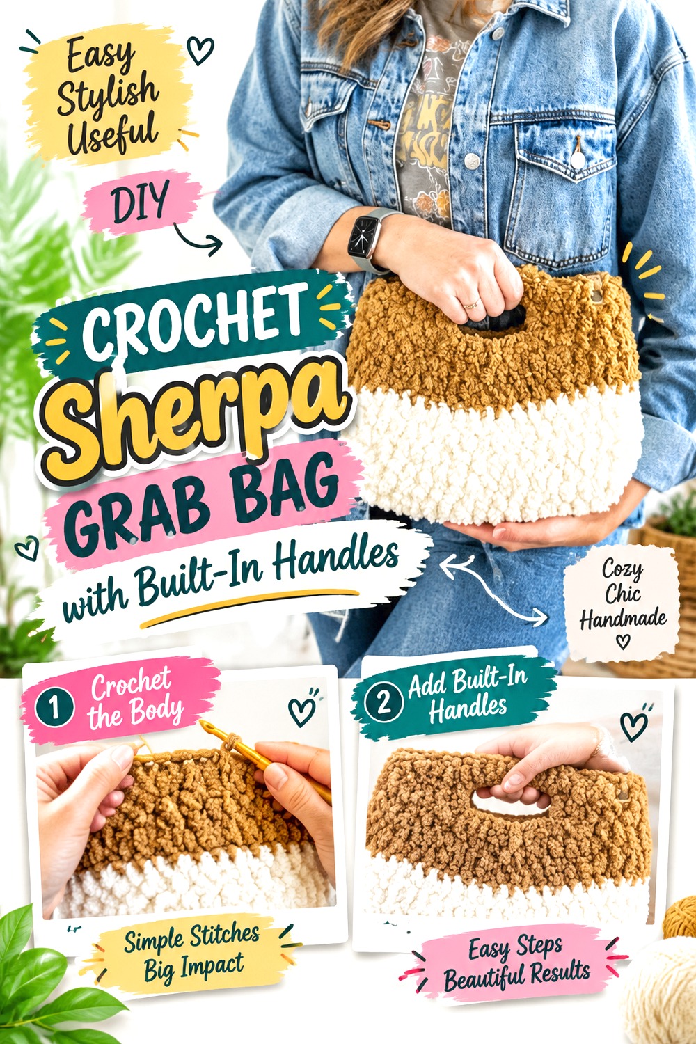 Crochet Sherpa Grab Bag with Built In Handles