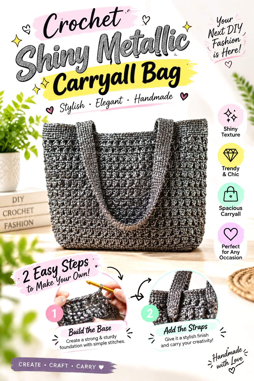 Crochet Shiny Metallic Carryall Bag