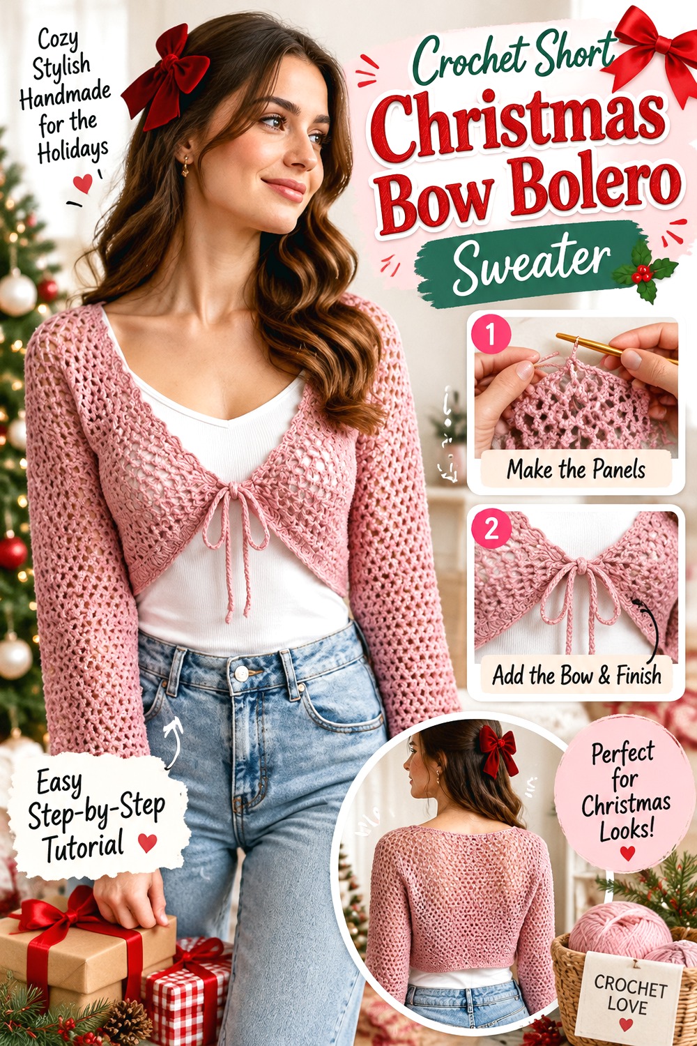 Crochet Short Christmas Bow Bolero Sweater