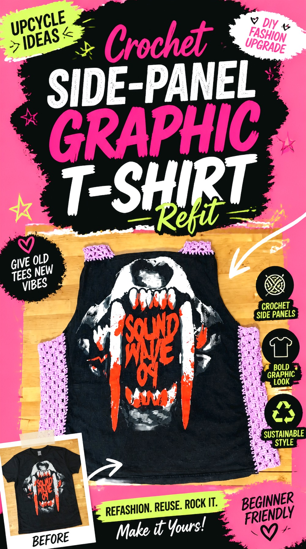 Crochet Side Panel Graphic T Shirt Refit