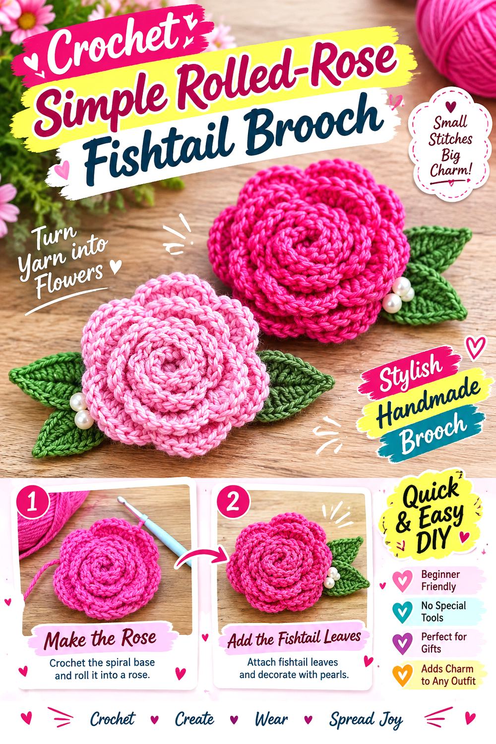 Crochet Simple Rolled Rose Fishtail Brooch